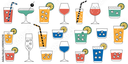 Assortment of illustrated colorful mixed drinks in various glasses with ice straws citrus slices on white background fruit slice design element flat design wine glass short glass beverages