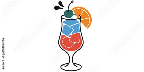 Layered red and blue cocktail with ice orange slice cherry garnish in a hurricane glass cocktail beverage hurricane refreshment refreshing illustration minimalist template restaurant