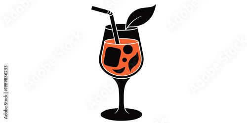 Silhouette of an orange cocktail with ice straw leaf garnish in a stemmed glass white background cocktail silhouette beverage refreshment refreshing illustration minimalist template