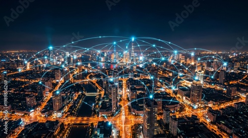 Smart city and telecommunication network concept. abstract mixed media. Smart City at Night with Digital Network Connection Lines