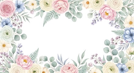 floral border frame with flowers and leaves on white background