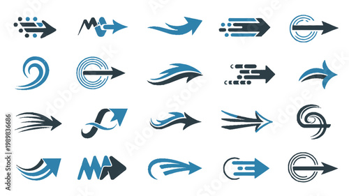 A Collection of 20 Stylized Arrow Designs with Various Speeds and Movements