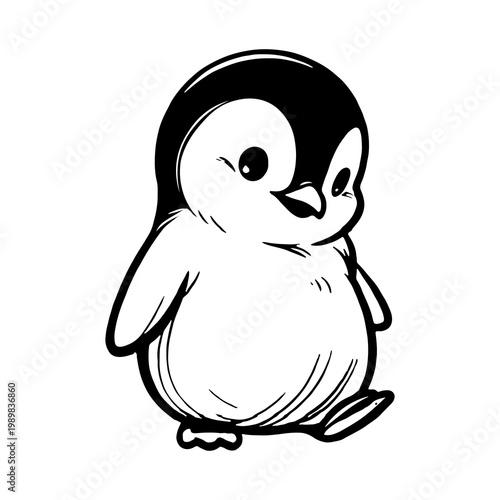 Cute cartoon baby penguin walking with a shy and happy expression