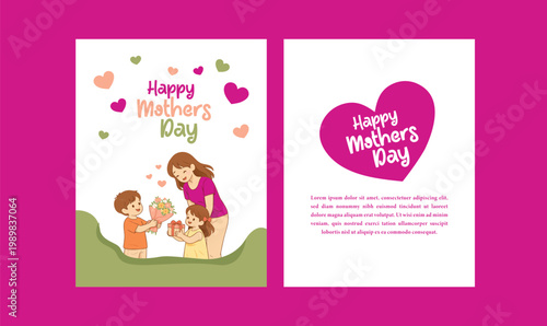 Happy Mothers Day Greeting Card with Cute Mom and Kids Illustration, Pink Background