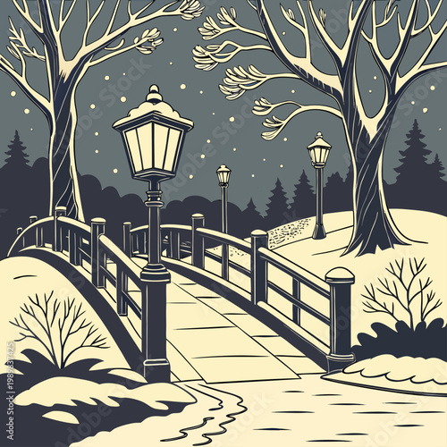 Snowy winter park path with wooden bridge and street lamps landscape illumination seasonal tranquil peaceful environment illustration minimalist monochrome vacation adventure christmas