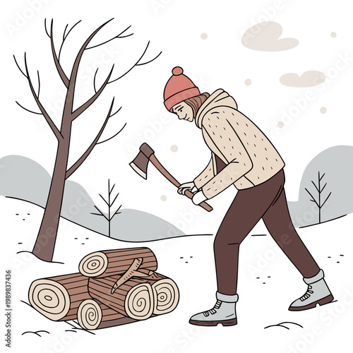 Person chopping firewood in snowy winter forest with firewood chopping lumberjack clothing wintertime activity illustration lifestyle countryside exercise preparation survival winterwear