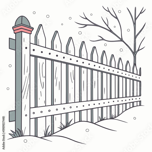 Wooden picket fence in snowy garden winter scene with landscape boundary branches illustration perspective architecture background construction backyard structure