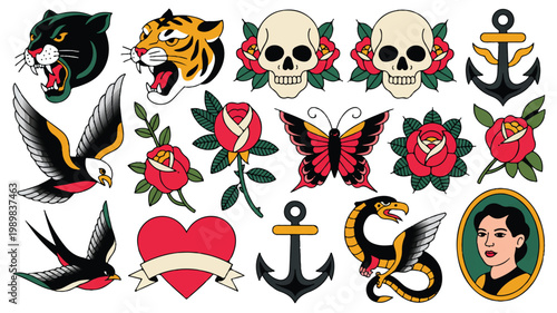 Vibrant Vector Set of Classic Traditional Old School Tattoo Designs featuring Skulls, Animals, Flowers, and Nautical Motifs