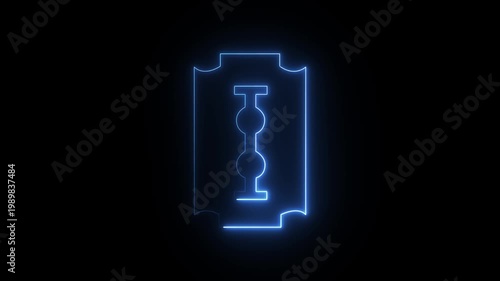 a stylized, glowing neon line art icon of a razor blade against a dark background. 4k animation videos
