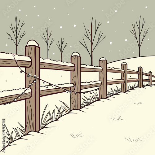Winter landscape scene with wooden fence and falling snow landscape background christmas boundary climatology peaceful illustration template horizontal countryside branches tranquil