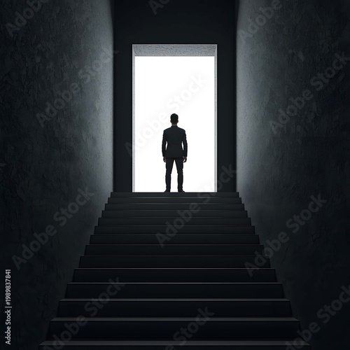 Silhouette of a businessman standing on stairs facing a glowing doorway, symbolizing opportunity, success, ambition, and future vision in a modern conceptual scene (1)