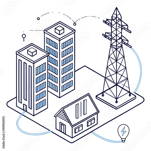 Isometric power grid and urban electricity supply concept illustration with isometric electricity transmission building infrastructure illustration technology electrical distribution planning
