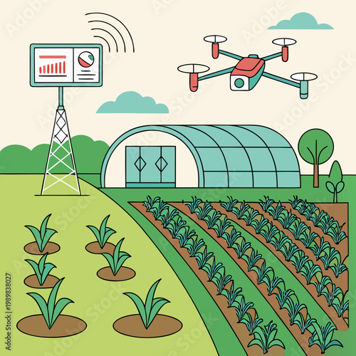 Smart farming technology with agricultural drone and field monitoring agriculture technology monitoring innovation agronomy automated landscape production plantation cultivation wireless