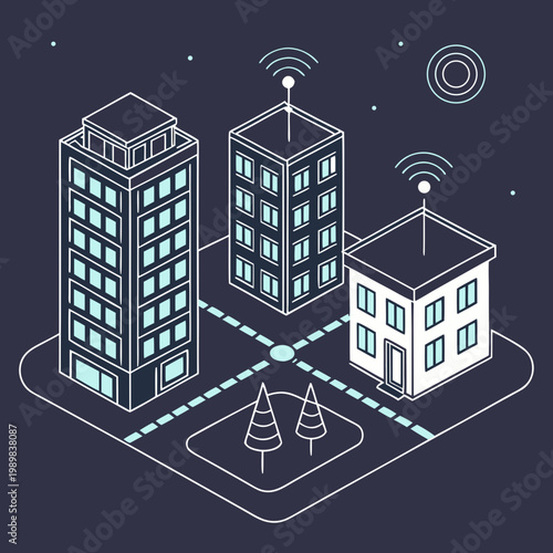 Isometric smart city building network with wireless communication and internet connectivity isometric building wireless communication internet connectivity technology connection infrastructur