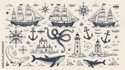Nautical Vintage Set Ships, Anchors, Octopuses, Lighthouses and Whales for Marine Design