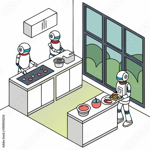 Futuristic robots preparing food in a modern kitchen with technology artificial intelligence automation preparation digitization automated innovation culinary restaurant hospitality