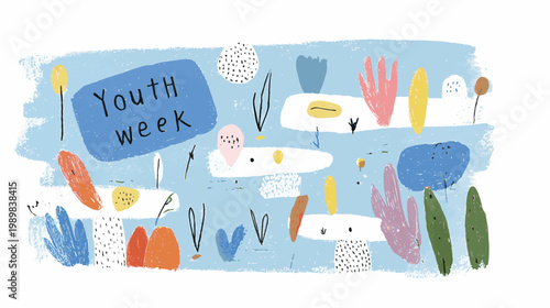 Soft pastel abstract Youth Week background with hand drawn textured shapes in playful naive style for modern creative campaigns