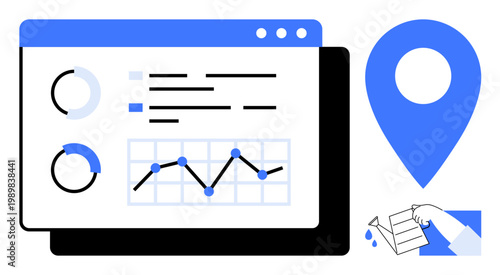 Analytics, geolocation, business intelligence, data visualization, location-based marketing, decision-making. Dashboard with graphs, a location pin and a hand pouring data. Analytics and geolocation
