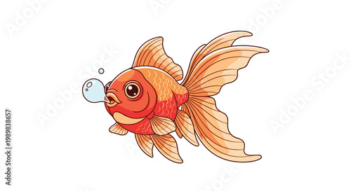 Vibrant orange goldfish with flowing fins blows a bubble, captured in a delightful cartoon style on a clean white background.