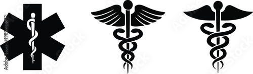 Medical Symbols Set with Star of Life Caduceus and Rod of Asclepius Black Silhouette Icons