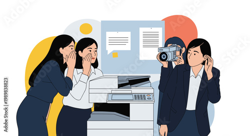 Office workers whispering secrets and gossiping near a photocopier while another woman watches and a photographer takes a photo.