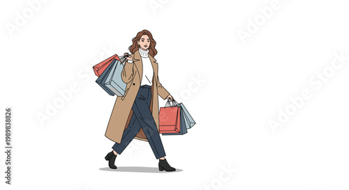 Fashionable woman in a beige coat and dark pants walking confidently while carrying several colorful shopping bags.