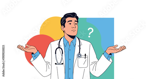 Male doctor in a white coat with a stethoscope shrugging his shoulders with a confused expression and a question mark.