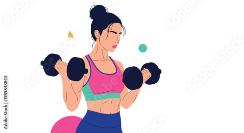 Strong woman in a pink sports bra performing bicep curls with heavy dumbbells during a dedicated fitness session.