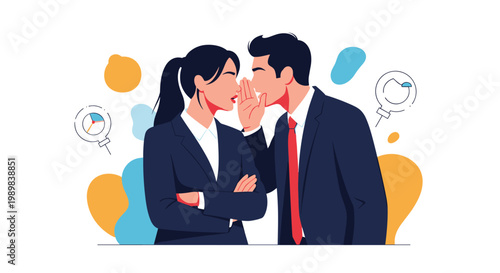 Businessman whispering into the ear of a colleague woman in an office setting with abstract data icons in the background.
