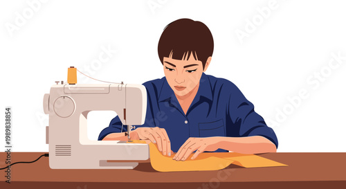 Professional tailor or seamstress focused on sewing yellow fabric with a white electric sewing machine on a wooden table.