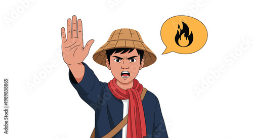 Concerned thai farmer in a traditional hat making a stop gesture to prevent forest fires or agricultural burning.