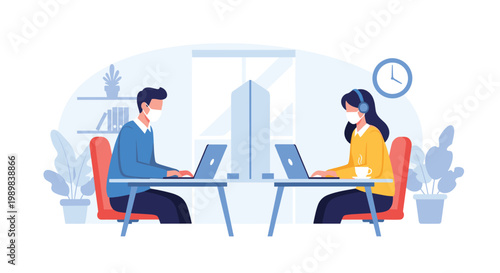 Two office workers wearing face masks and sitting at separate desks with a protective divider between them for safety.