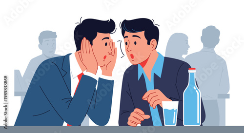 Two businessmen in suits whispering secrets and sharing rumors while sitting at a table with drinks in a public place.