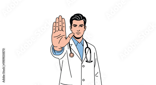 Serious male doctor in a white coat and stethoscope raising his hand in a stop gesture to warn or prevent.