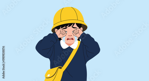 Young schoolgirl in a navy blue uniform and yellow hat crying and rubbing her eyes against a blue background.