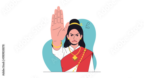 Angry woman in traditional thai dress raising her hand in a stop gesture against a blue background.