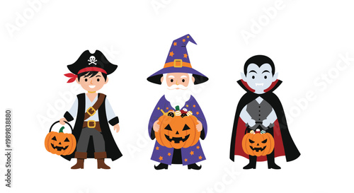 Three children dressed in halloween costumes as a pirate, a wizard, and a vampire holding pumpkin candy buckets.