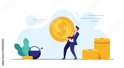 Determined businessman in a suit carrying a very large gold dollar coin to represent hard work and financial gain.