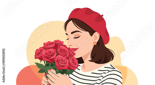 Happy woman in a red beret and striped shirt closing her eyes and smelling a large bouquet of red roses.