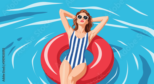Fashionable woman in a striped swimsuit and sunglasses relaxing in a red swim ring on blue water.