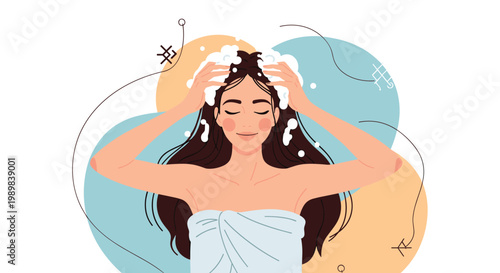 Relaxed young woman washing her long brown hair with shampoo bubbles in a peaceful spa or home bathroom setting.