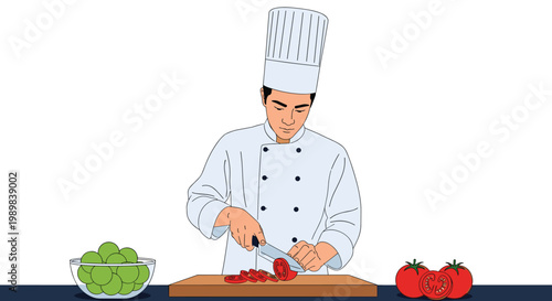 Professional chef in a tall white hat and uniform skillfully slicing fresh red tomatoes on a wooden cutting board.