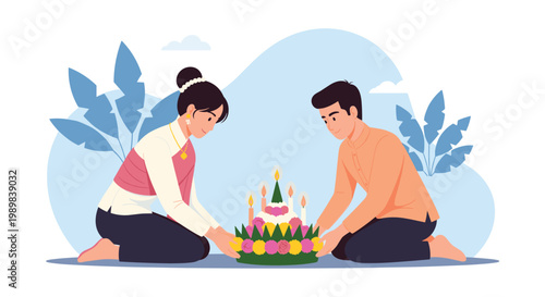 Couple in traditional Thai clothing kneeling and holding a decorative Krathong for the annual Loy Krathong festival.