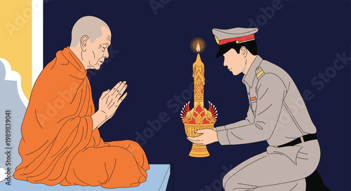 Elderly Buddhist monk seated while a soldier in uniform offers a ceremonial candle on a decorative golden stand.