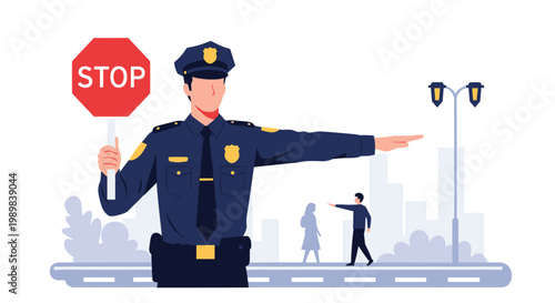 Police officer in uniform holding a red stop sign and directing traffic with hand signals on a busy city street.