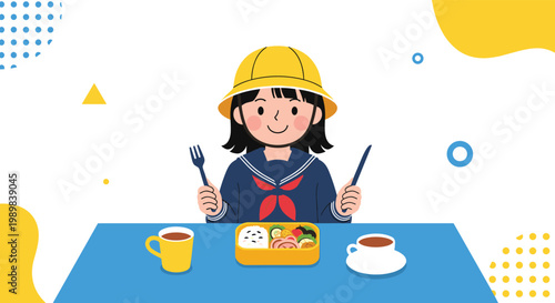 Young Japanese schoolgirl in a sailor uniform and yellow hat sitting at a table ready to eat her bento lunch box.