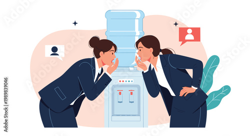 Two professional women in suits whispering and sharing gossip next to a water cooler in a corporate office setting.