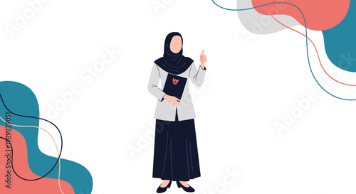 Professional woman in a hijab and grey uniform holding a folder and giving a thumbs up against a wavy background.