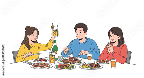 Group of friends or family members enjoying a large feast with many dishes and drinks at a dining table together.
