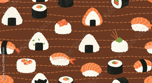 Seamless pattern featuring various types of sushi including nigiri, maki rolls, and onigiri on a brown background.